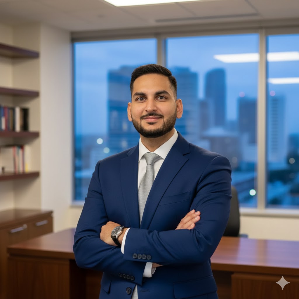 Businessman in office setting, city view